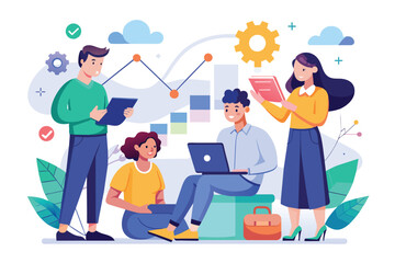 Fototapeta premium Several individuals collaborating and discussing strategy around a laptop in a team setting, Work together to plan strategy trending, Simple and minimalist flat Vector Illustration