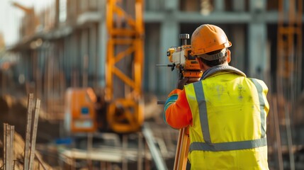Worker in a safety vest and hard hat is utilizing a surveying instrument to measure a construction - obrazy, fototapety, plakaty