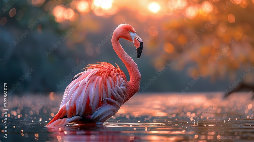 Wall mural Flamingo Stand in The Water With Beautiful background Nature 4K Wallpaper