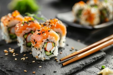Traditional japanese style sushi presentation on elegant grey table with glamour lighting