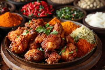 Fototapeta premium A platter of succulent fried chicken rests beside a collection of vibrant spices, promising a tantalizing flavor journey.
