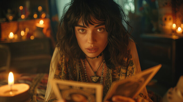 A tarot reader with intense eyes holds cards, surrounded by candlelight in a mystical setting.