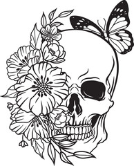 skull with flowers and butterfly svg, skull floral svg, skull with butterfly svg, floral skull png, skull flowers vector