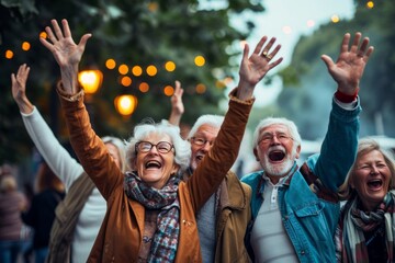 Group of seniors having fun in the park. They are raising their hands up and smiling. - Powered by Adobe