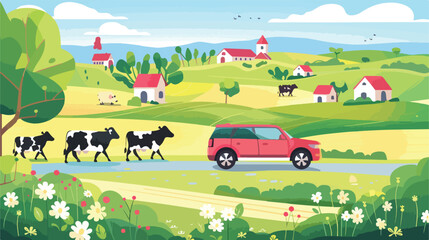 Car on the background summer landscape with village and cows