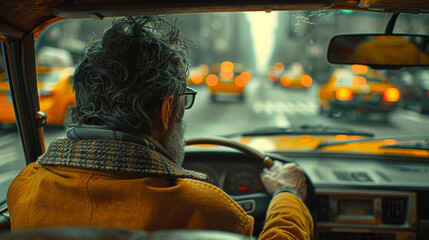 Rear view of a taxi driver in a yellow jacket, driving in a city with other cabs visible ahead.