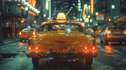 Vintage taxi on a neon-lit city street at night, cinematic shallow depth of field.