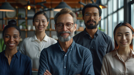 A diverse group of professional businesspeople smiling towards the camera in an office setting. - Powered by Adobe