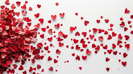 Celebrate Valentine s Day with red heart shaped confetti scattered on a crisp white background