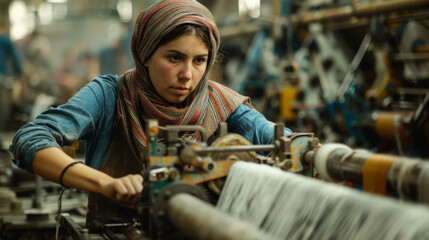 A textile worker focused on weaving fabric at a loom in an industrial setting.