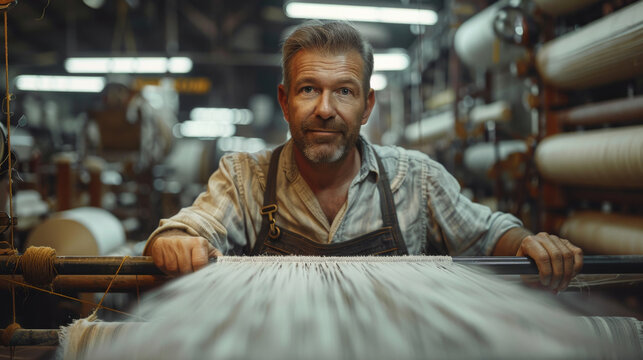 A textile worker operates a loom in a factory with a focused expression.