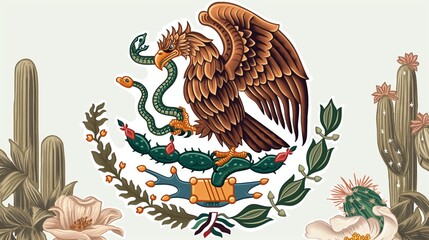 On the flag of Mexico, an eagle is depicted standing on a cactus, holding a snake in its mouth.