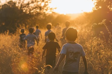Group of kids walking in field at sunset. Selective focus.