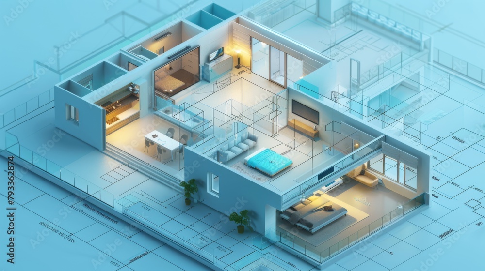 Aufkleber modern house 3d rendering on blueprint