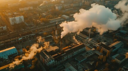 aerial view of factory chimneys with polluted smoke coming out in the air spreading carbon emission