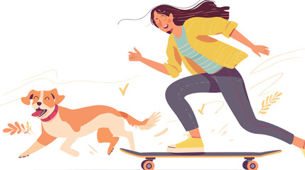 Happy young woman rides on a skateboard and dog. Vector