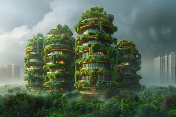 A futuristic cityscape with tall buildings covered in plants