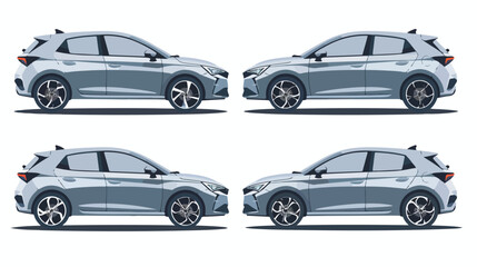 Hatchback car four angle set. Car side bacground and front