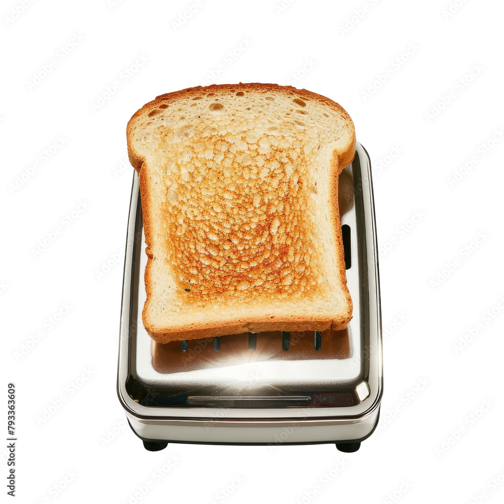 Poster a toaster with a perfectly toasted slice of bread set against a transparent background