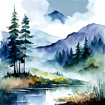landscape with forest and mountains watercolor