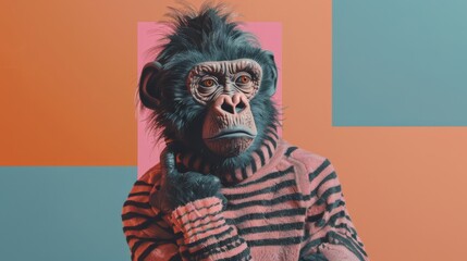 Pensive monkey in striped sweater on abstract background