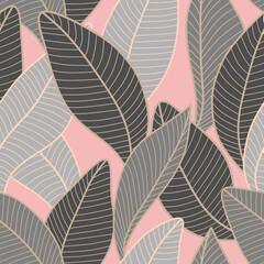 Vector seamless pattern with stylized leaves. Background Curved lines Leaves grey and pink. Vector illustration for your design.