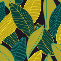 Vector seamless pattern with stylized leaves. Background Curved lines Leaves black, green, yellow. Vector illustration for your design.