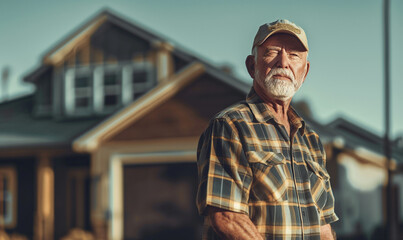 old builder stands in front of a home he has built, architect, construction worker, experienced, veteran, supervisor, person people, industry 