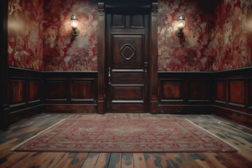 A dimly lit, vintage room with a patterned wallpaper, wooden wainscoting, a closed door, wall sconces, and a patterned rug.