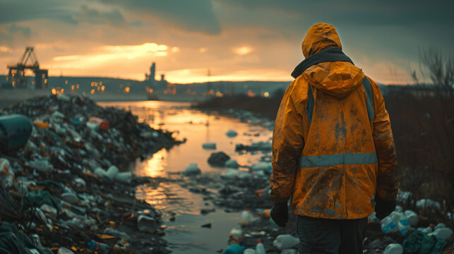 Consultant in a yellow jacket overlooking a polluted river area at dusk with industrial backdrop.