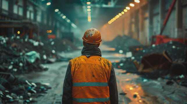 Worker in high-visibility jacket at waste management facility with debris and mood lighting.