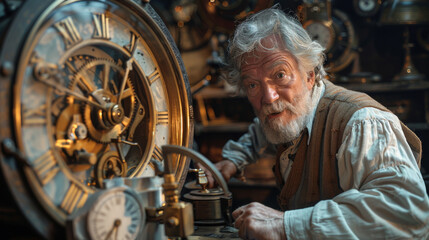 Elderly craftsman in a workshop filled with clocks, intently working on the intricate gears of a timepiece.