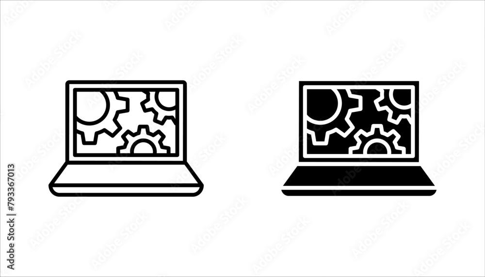 Poster technical support icon set. computer service. gears on screen laptop. vector illustration on white b