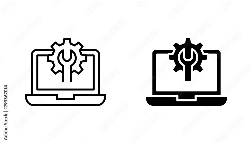 Poster technical support icon set. computer service. gears on screen laptop. vector illustration on white b