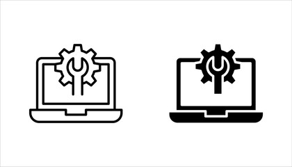 Technical support icon set. Computer service. Gears on screen laptop. vector illustration on white background