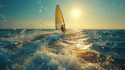 Windsurfing instructor glides over ocean waves at sunset, dynamic wide-angle cinematic style with vibrant tones.