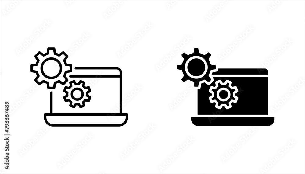 Poster technical support icon set. computer service. gears on screen laptop. vector illustration on white b