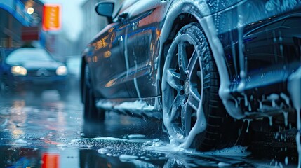 A photo of a car being washed outdoors embodying the idea of cleaning