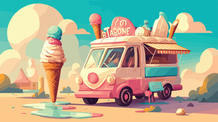 Vintage ice cream cart bus vector illustration. 2d