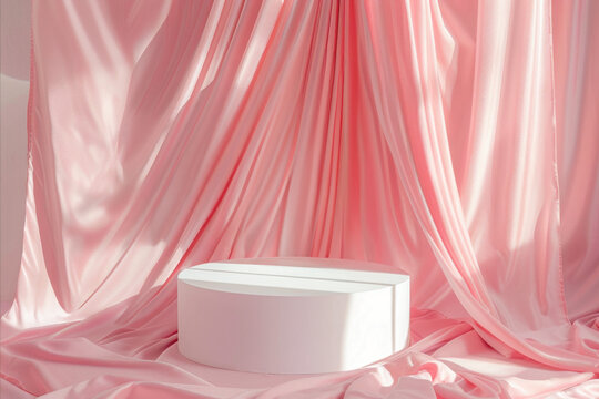White cylinder podium or platform in a showroom with pink curtain background