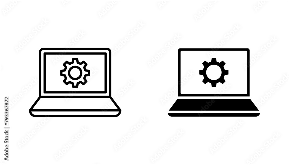 Poster technical support icon set. computer service. gears on screen laptop. vector illustration on white b