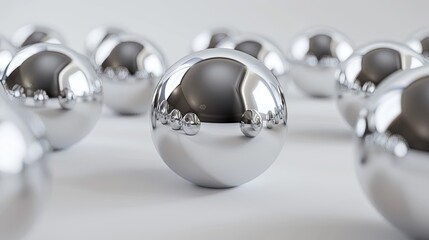 A series of shiny, reflective chrome spheres on a seamless white backdrop, ideal for concepts of unity, futurism, and technology. - obrazy, fototapety, plakaty