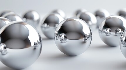 A series of shiny, reflective chrome spheres on a seamless white backdrop, ideal for concepts of unity, futurism, and technology.