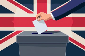 An illustrated hand placing a vote with the UK flag, ideal for British electoral process and democracy themes. - obrazy, fototapety, plakaty