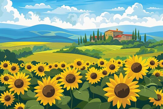 A serene Tuscany landscape, this image's vivid sunflowers and rolling hills are ideal for travel, nature, and agriculture themes.
