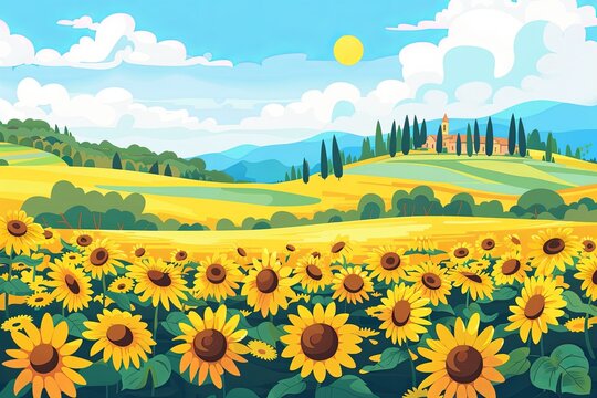 A serene Tuscany landscape, this image's vivid sunflowers and rolling hills are ideal for travel, nature, and agriculture themes.