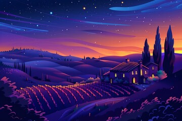 Enchanting nightfall in Tuscany, with a villa overlooking vineyards under a starry sky, ideal for travel and wine culture themes.
