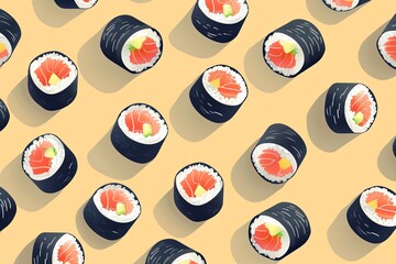 Top view of sushi rolls pattern, perfect for culinary designs, restaurant menus, and food-themed projects.