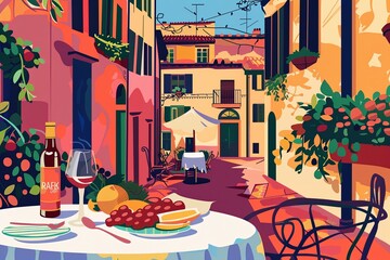 Fototapeta premium A picturesque European street scene with an inviting wine and dine setting, excellent for travel guides or cultural exploration content.