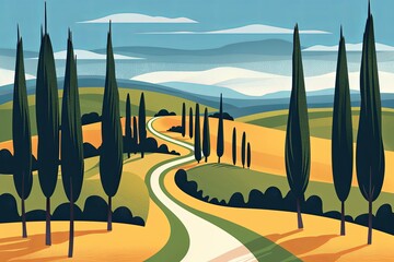 This vibrant artwork takes you on a journey down a Tuscan road lined with cypress trees, ideal for travel and leisure themes.